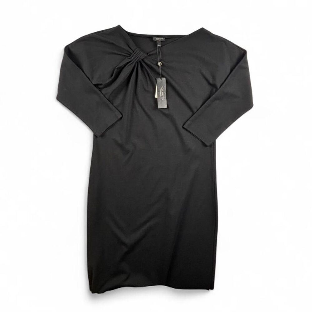 Talbots NWT Black Midi Dress Womens 4 Cotton Long Sleeve Knot Detail Classic